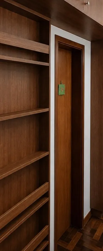 Corredor com estante de livros de pouca profundidade em madeira escura